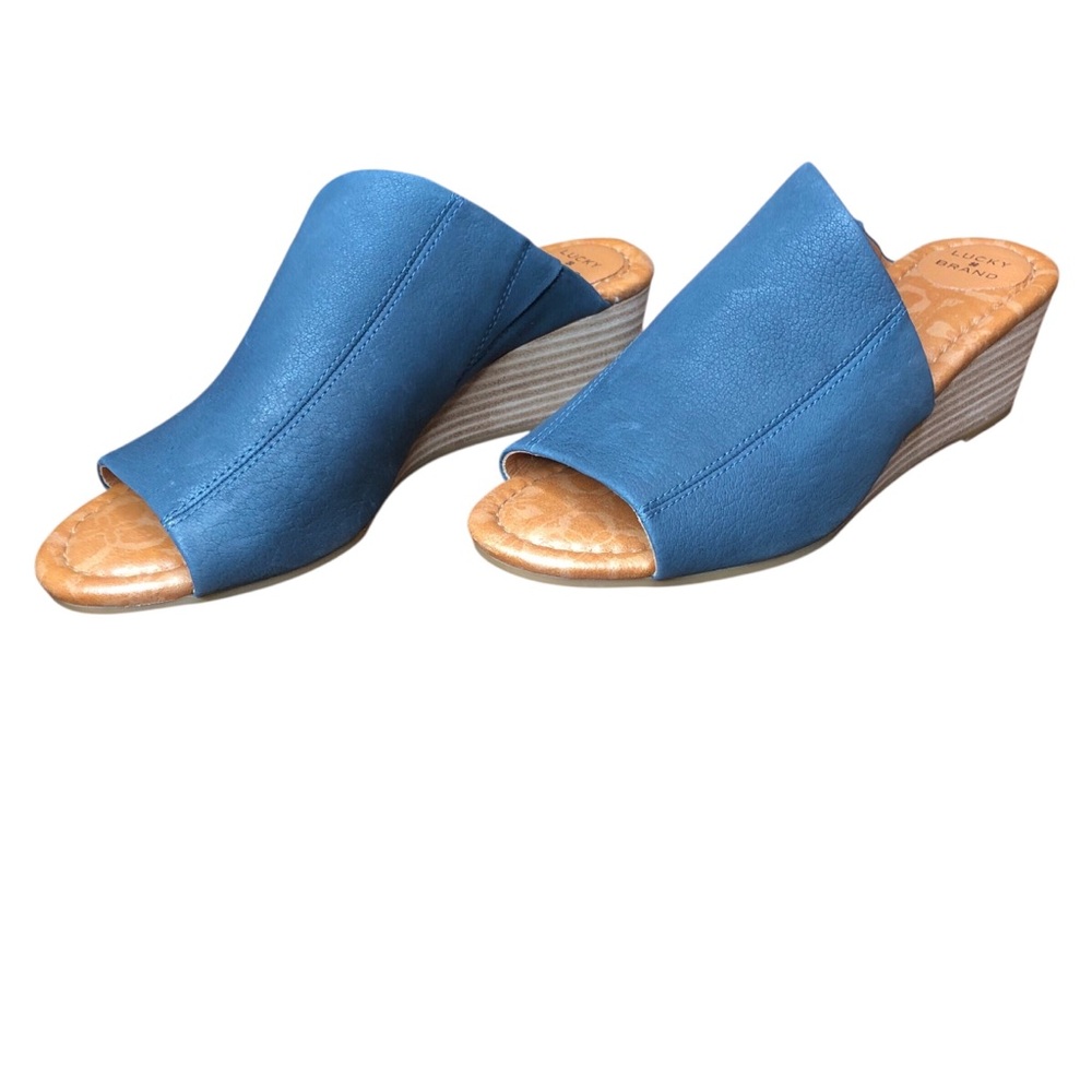 Lucky Brand Leather Malenka Wedge Sandals Size 8.5 Blue Coastal Beach Minimal